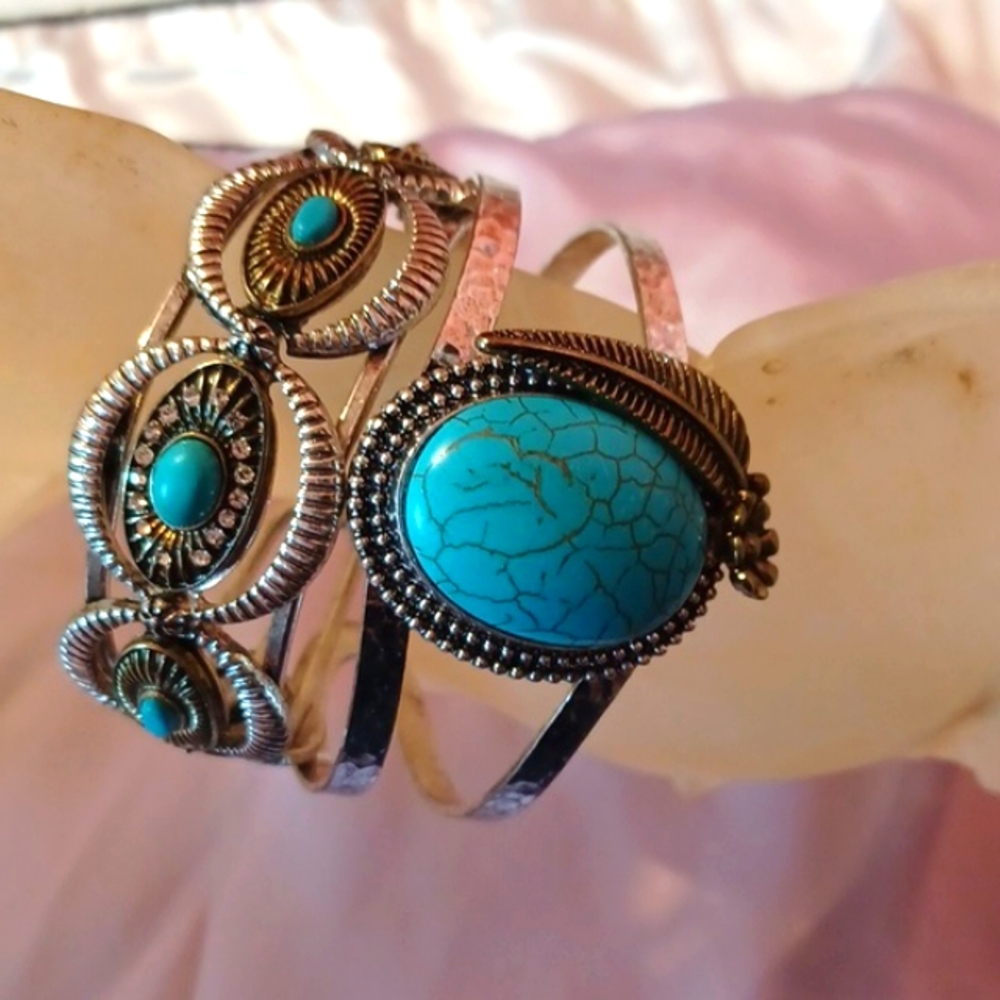 TWO WESTERN CUFF CROSS SOUTHWEST TURQUOISE BRACELETS BAND NATIVE AMERICAN WOMENS